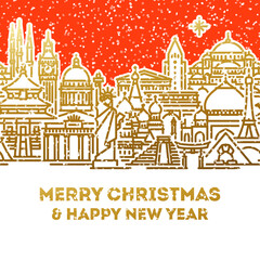 Christmas card with seasons greetings and snowy cityscape with worlds most popular tourist attractions