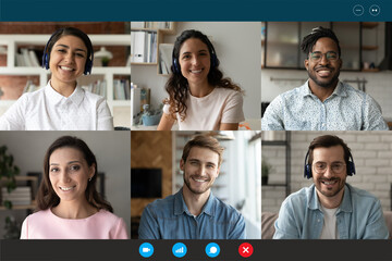 Head shot screen view diverse colleagues chatting online, video call concept, business partners employees brainstorming, negotiating, discussing project, engaged in briefing, internet meeting