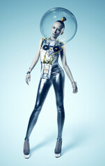 cyborg woman standing in silver suit and helmet