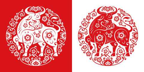 CNY 2021 Metal ox symbol in papercut flower circle, white and red. Vector bull, zodiac sign Chinese New Year mascot, horned animal in oriental calendar, greeting card design. Peony blossoms around ox