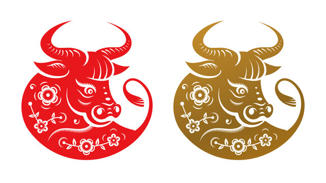 Golden metal ox zodiac sign, head with flowers isolated icons. Vector CNY Chinese New Year symbol, Taurus horoscope zodiac sign. Bull animal portrait and blossoms with leaves, horned buffalo
