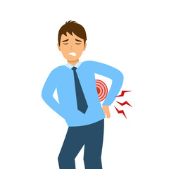 Low back pain concept vector illustration on white background. Businessman suffering from backache. Office syndrome.