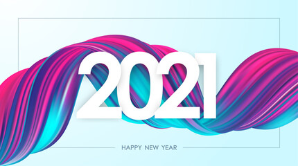 Happy New Year 2021. Greeting card with neon colored twisted acrylic paint stroke shape. Trendy design