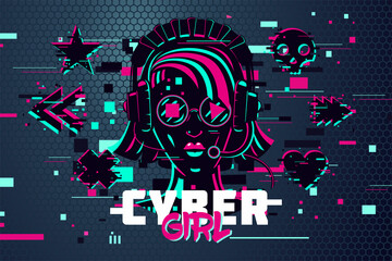 Cyber punk woman. Girl gamer portrait. Video games background, glitch style. Female online user. Vector illustration.