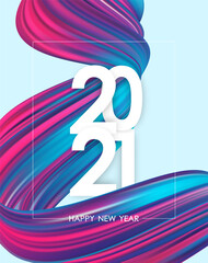 Happy New Year 2021. Greeting poster with neon colored twisted acrylic paint stroke shape. Trendy design