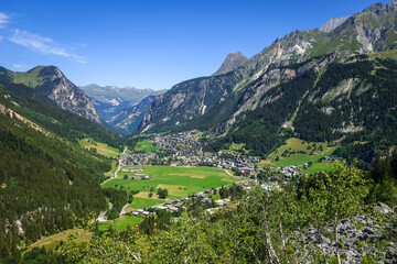 Pralognan la Vanoise town and mountains landscape in French alps