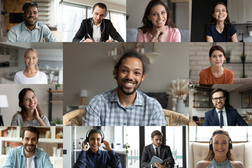 Head shot screen view diverse colleagues group brainstorming online, engaged in conference,...