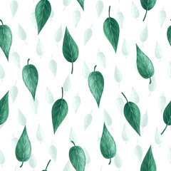 Cute green summer or spring leaves seamless pattern. Hand-drawn watercolor illustration. Perfect for wrapping paper, eco packages, cards, prints, textile, seasonal designs.