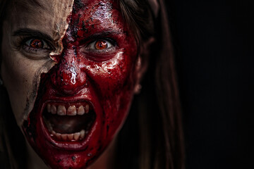 Zombie makeup on Halloween 2020. Creative art make-up for eve of All Saints Day party. Creepy bloody face. Close-up portrait of horrible woman. Horror. - obrazy, fototapety, plakaty