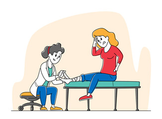 Medical Doctor Character Bandage Broken Leg to Female Patient Sitting on Couch at Clinic or Traumatology Department