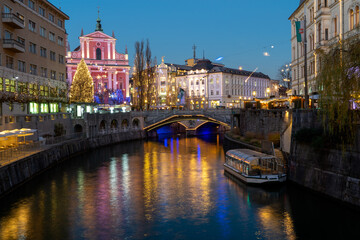 Christmas decoration Ljubljana city center at night. Long exposure.