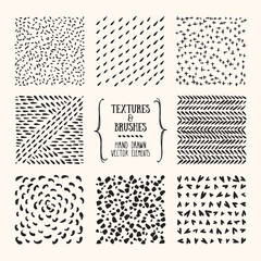 Hand drawn textures and brushes. Artistic collection of handcrafted design elements: rough graphic patterns, floral ornaments, abstract lines, tribal symbols made with ink. Isolated vector set.