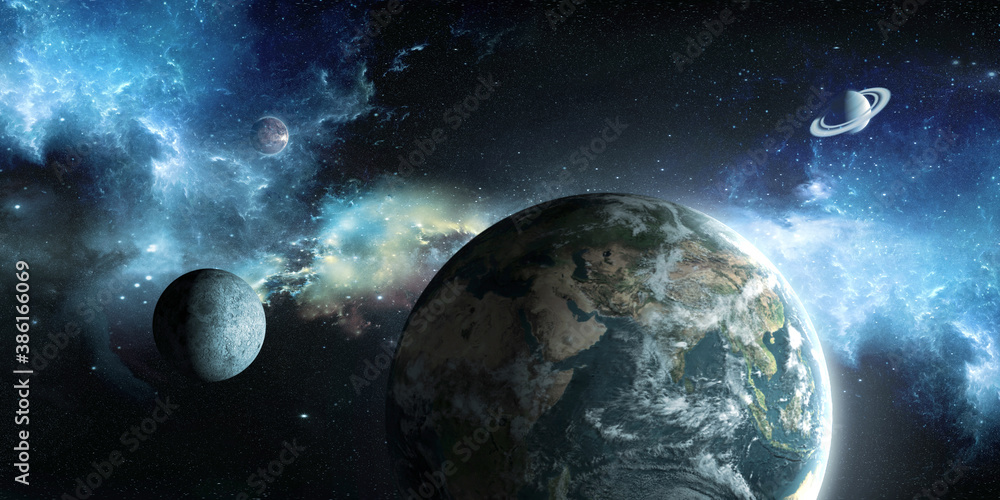 Poster earth and moon on the background of outer space with a beautiful nebula