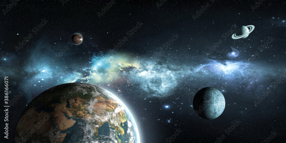Poster earth and moon on the background of outer space with a beautiful nebula