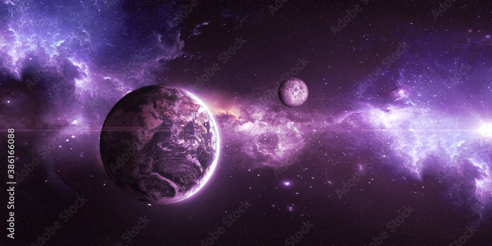Wall mural earth and moon on the background of outer space with a beautiful nebula