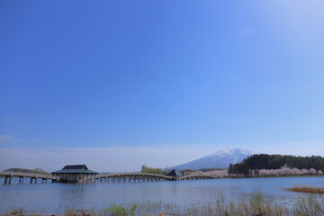 橋と山と桜と池