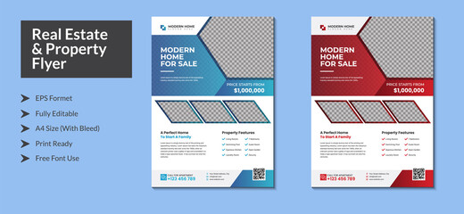 Modern Real Estate Flyer in multiple color variation, housing apartment, with bleed, vector, editable, A4.