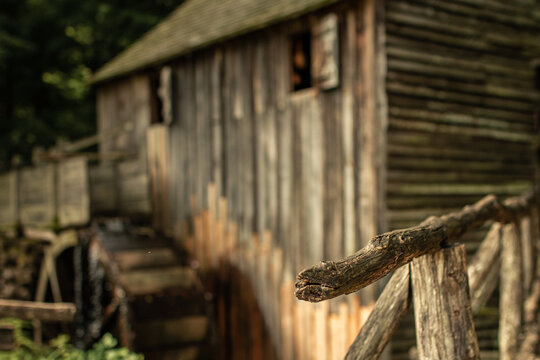 Old wooden water mill located in Smoky Mountains in USA, North Carolina