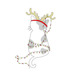 Christmas cat.  Merry Christmas. Cat on an isolated white background. The kitten is entangled in the garlands