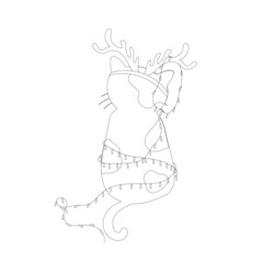 Merry Christmas. Cat on an isolated white background. Doodle. Coloring book for children and adults. The kitten is entangled in the garlands. Cute cat with deer horns.