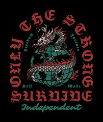 Asian Dragon Around Wire Globe Illustration with Slogans Artwork for Apparel and Other Uses