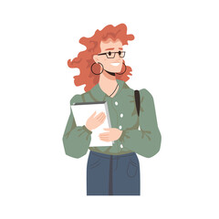 Smiling fashionable red-haired girl in glasses with curly hair, books in hands isolated cartoon character. Vector adult female in earrings, college or university student with bag and textbooks