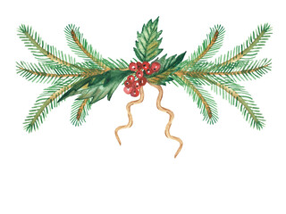 Watercolor hand painted nature winter holiday composition with green fir branches, red holly berries leaves and golden tapes bouquet on the white background for christmas and new year greeting card