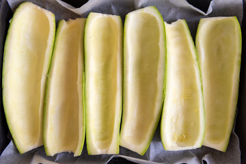 Hollowed out zucchini boats ready for filling