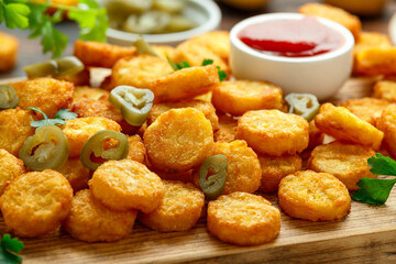 Mini hash browns, tater tots crispy golden potato bites served with jalapeno peppers dipped in ketchup