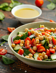 Chickpeas salad with tomato, cucumbers, red onion and greens. Dietary food. Vegan salad.