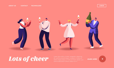 Party Celebration, New Year or Birthday Landing Page Template. Cheerful Drunk People in Festive Dresses with Wineglasses