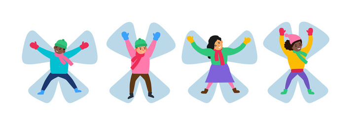 children boys and girls making snow angel  winter holidays vector illustration