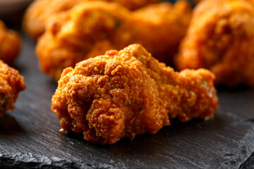 Spicy deep fried Chicken wings with ketchup on stone board
