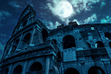 Naklejka na ściany i meble Colosseum at night, Rome, Italy. Mystery creepy view of Ancient Coliseum in full moon.