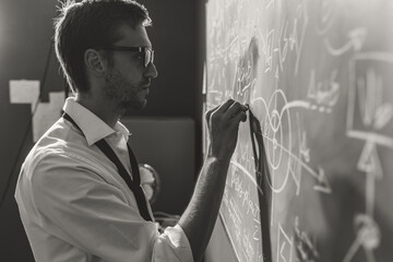 Young smart mathematician drawing on the chalkboard