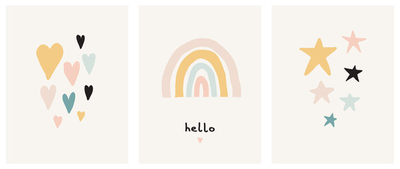 Simple Scandinavian Style Vector Illustration with Rainbow, Stars and Hearts. Lovely Nursery Art with Pastel Color Doodles Isolated on a Light Beige Background. Funny Infantile Style Print.