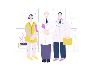 Medical insurance -medical guide -modern flat vector concept digital illustration - medical specialists standing together, team of doctors concept, medical office or laboratory