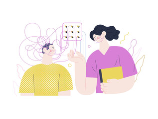 Medical tests illustration - EEG - electroencephalography - modern flat vector concept digital illustration of encephalography procedure - a patient with head electrodes and doctor in medical office