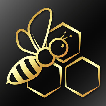 Golden bee in flight and honeycomb symbol