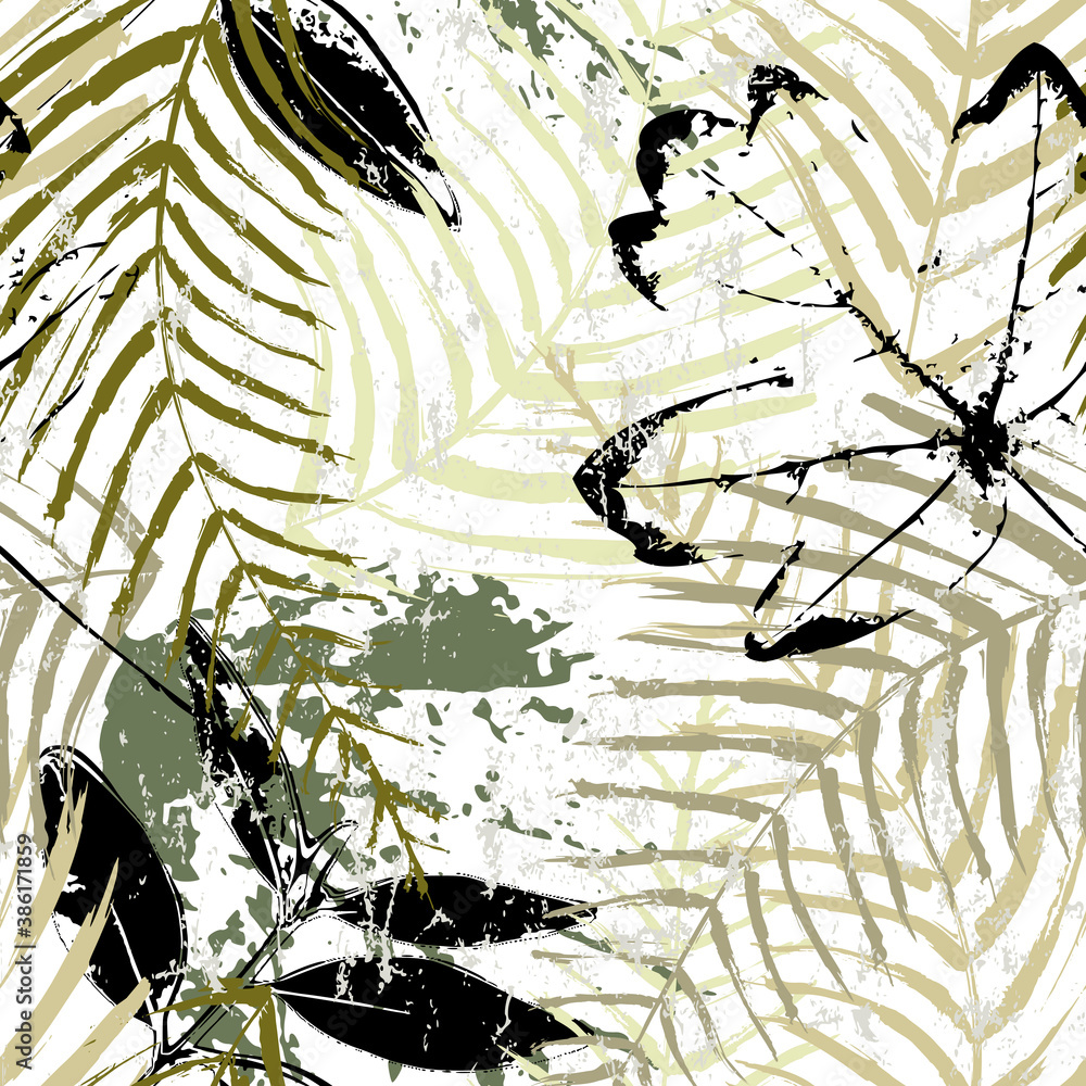 Wall mural abstract seamless background pattern, with brush leaves, paint strokes and splashes