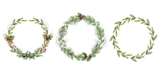 Watercolor Christmas set with wearth. Hand drawing christmas decoration. Winter holiday design. Berry wreath for Christmas greeting card.