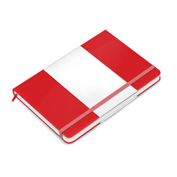 Closed hardcover notebook with ribbon bookmark and elastic closure strap, realistic vector illustration. Business diary with red blank hard cover isolated on white background