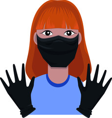 Vector illustration of a woman in a mask and gloves. Pandemic. Means of protection.