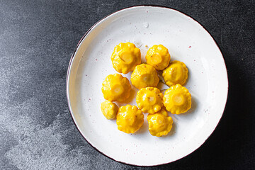 squash or little pumpkins in marinade vegetable snack salad meal ingredient on the table tasty serving size portion top view copy space for text food background rustic keto or paleo diet