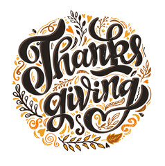 Happy ThanksGiving Day - cute hand drawn doodle lettering label. Give thanks. Be thankful.