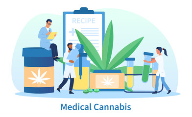 Medical cannabis abstract concept. Tiny people making drugs from cannabis. The doctor writing out a medical prescription. Flat cartoon vector illustration.