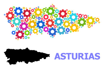 Vector mosaic map of Asturias Province created for industrial apps. Mosaic map of Asturias Province is created with scattered colored gears. Engineering components in bright colors.