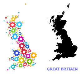 Fototapeta premium Vector mosaic map of Great Britain designed for workshops. Mosaic map of Great Britain is designed with random bright gears. Engineering components in bright colors.