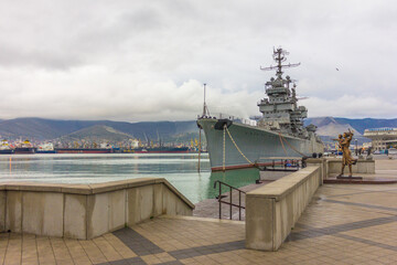 Russia, Novorossiysk - 03/26/2017: Seaport with boats on the Black Sea on a cloudy day.