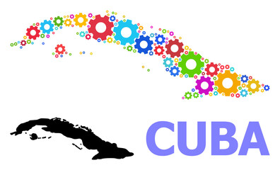 Vector mosaic map of Cuba done for industrial apps. Mosaic map of Cuba is composed with random bright wheels. Engineering items in bright colors.
